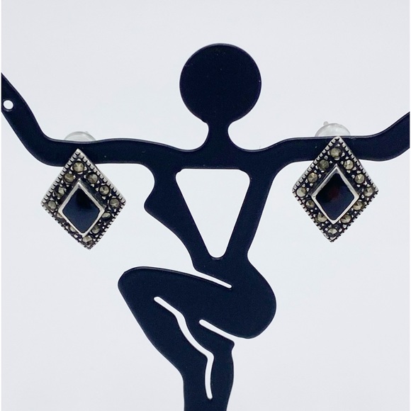 Vintage 925 Sterling Silver Marcasite Black Onyx Post Earrings - Picture 2 of 9